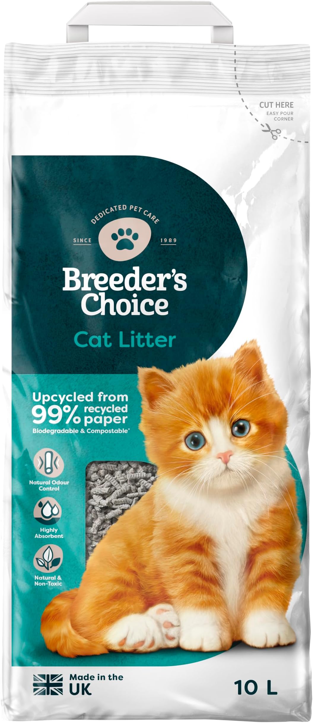 Breeder's Choice (Breeder Celect) All-Natural Cat Litter (10L) – 99% Recycled Paper, Highly Absorbent Kitten Cat Litter/Bedding, Excellent Odour Control, Non-Clumping, Biodegradable & Compostable