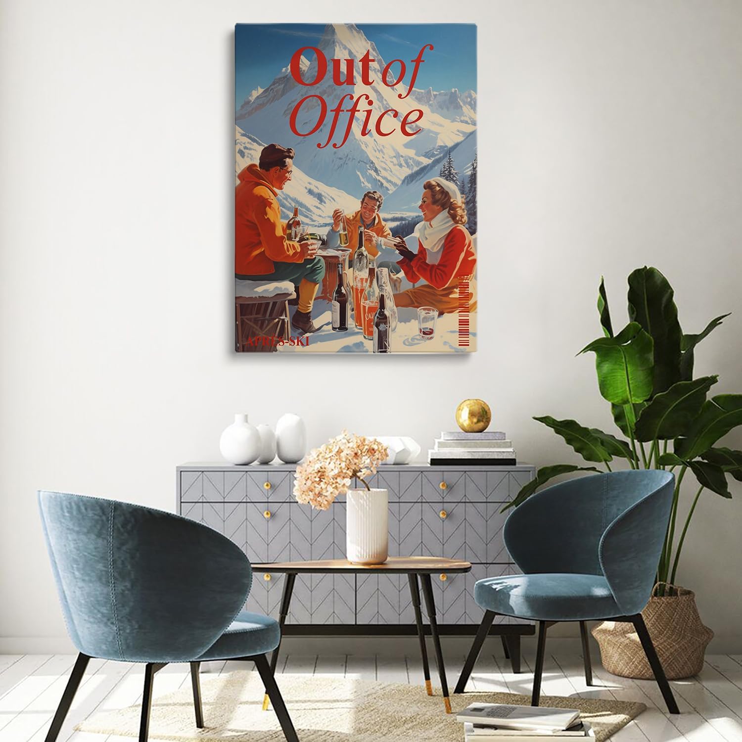 Retro Apres Ski Wall Art, Apres Ski Out of Office Poster, Apres Ski Newspapers Magazine Print,Vintage Bar Cart Art, Winter Wall Art, Kitchen Restaurant Office Decor 24x36 unframed