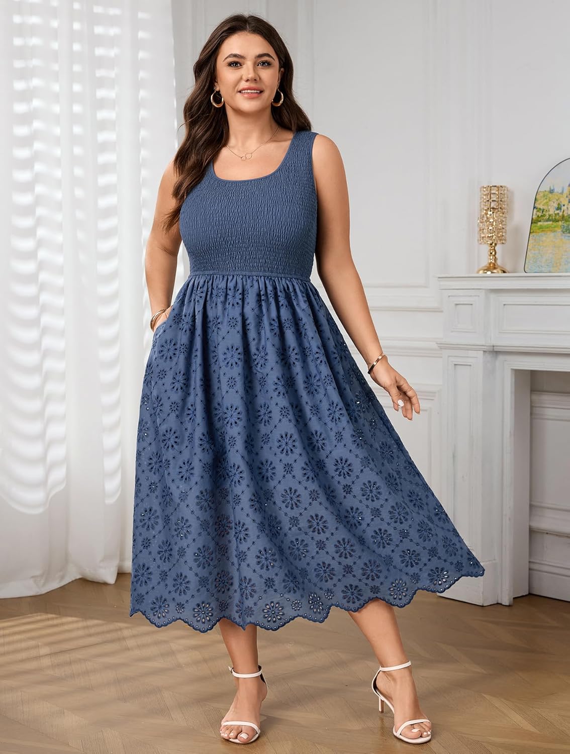SHESTARR Plus Size Sundress Women Smocked Eyelet Sleeveless Maxi Dress Summer Casual Boho A-Line Beach Dresses with Pockets
