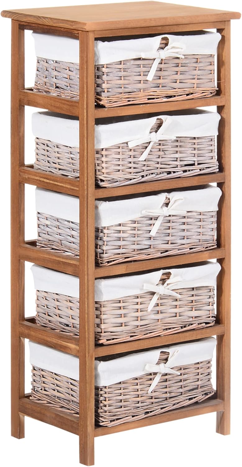 5 Drawer Dresser Wicker Basket Storage Shelf Unit Wooden Frame