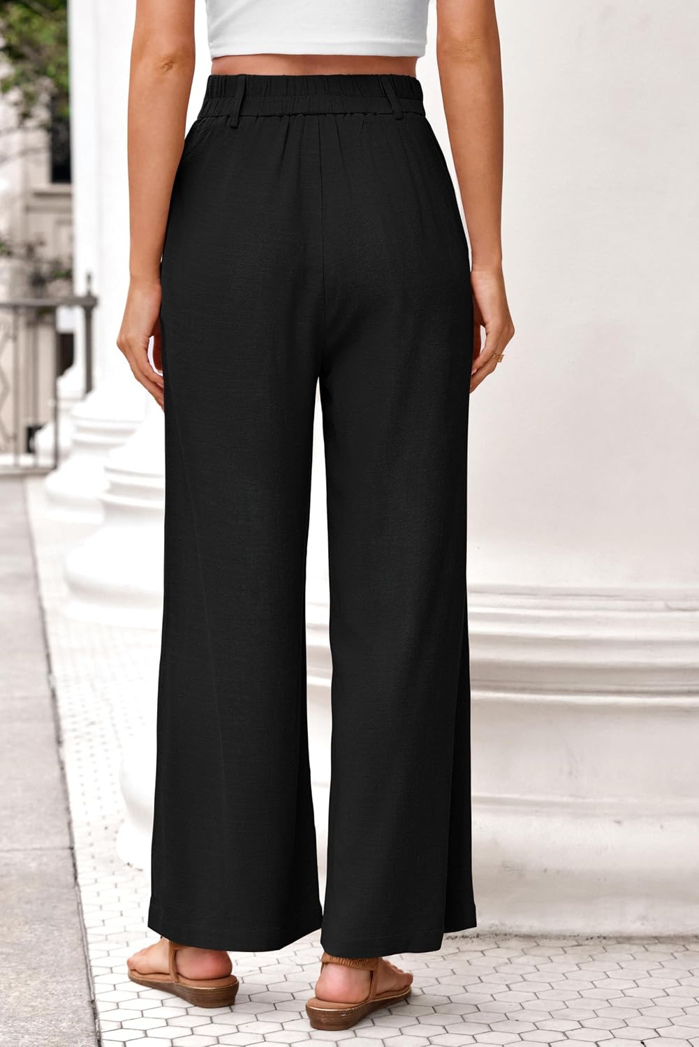 KICZOY Womens Linen Wide Leg Pants Casual Zipper Front Summer Cropped Trousers Dressy Pants with Pockets