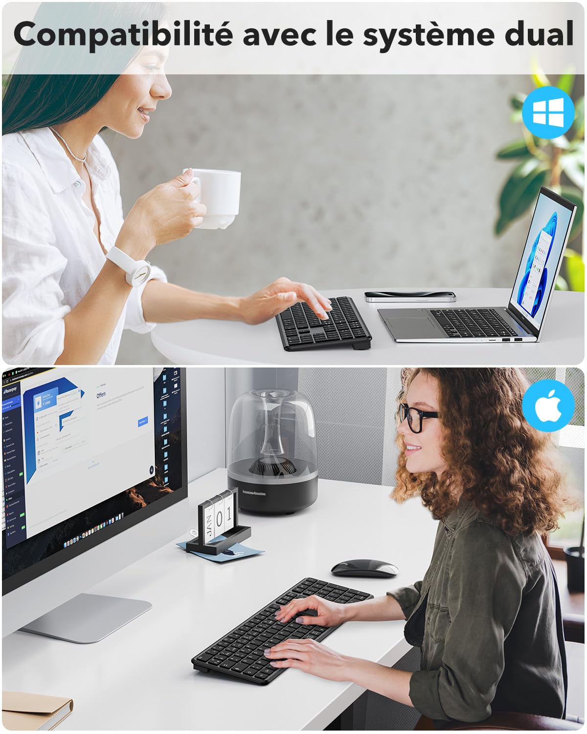 OMOTON Clavier sans Fil Bluetooth + 2.4G AZERTY pour PC/Windows/Mac, Noir | 3 Canaux Multi-appareils, Pleine Taille, Rechargeable, Ultra-Mince, Connexion Stable, Silencieux, Les ciseaux, Ergonomique