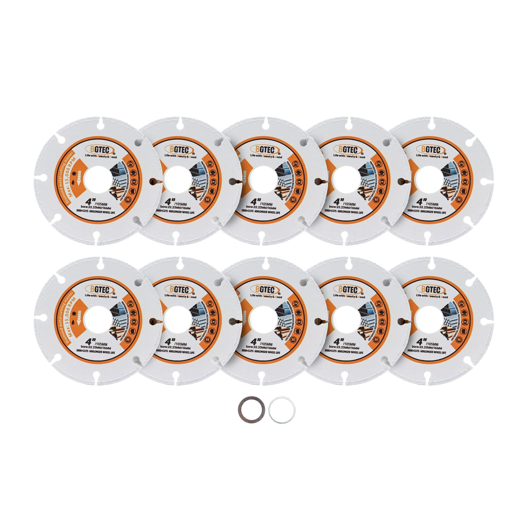 BGTEC Disco de corte de metal de diamante, 10 cuchillas de diamante de 4 pulgadas/105 mm para cortar metal de carburo, aleaciones, hierro, acero inoxidable