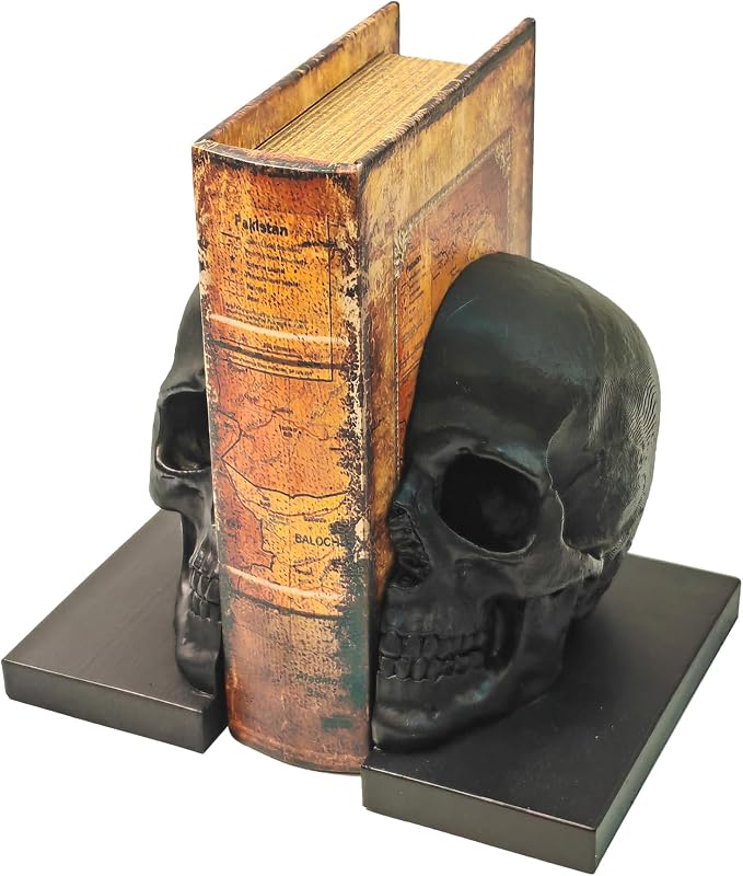 Split Skull Bookends, Heavy Resin Gothic Bookshelf Decor, Black