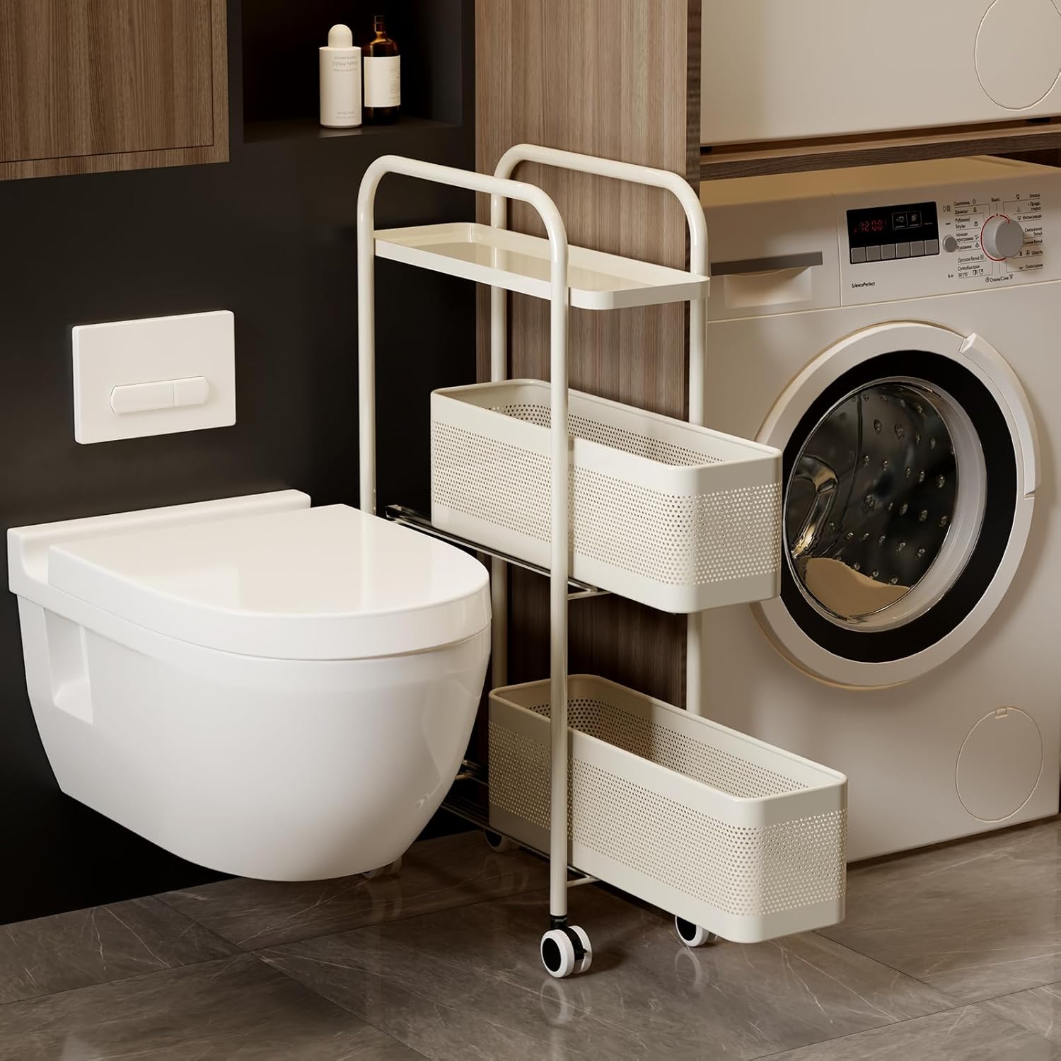 Slim Storage Cart 3 Tier with Pull Out Metal Basket Bathroom Organizer Rolling cart, Installation-Free Rolling Utility Cart Slide Out Organizer for Kitchen, Bathroom, Laundry (White, 3 Tier) White 3 Tier