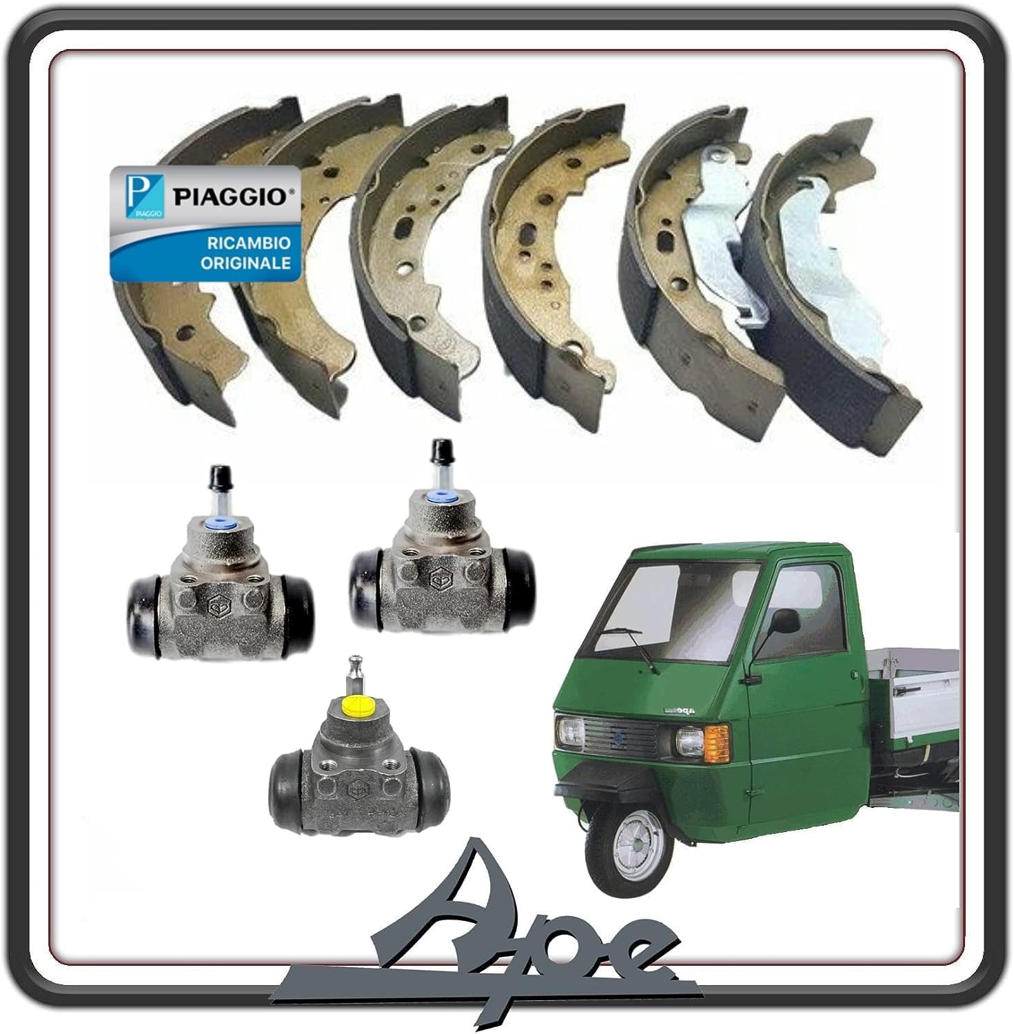 KIT GANASCE FRENO FRENI ANTERIORE E POSTERIORE COMPLETO DI TRE CILINDRETTI FRENO PER PIAGGIO APE TM 703 - APE 602 BENZINA DIESEL ORIGINALE.