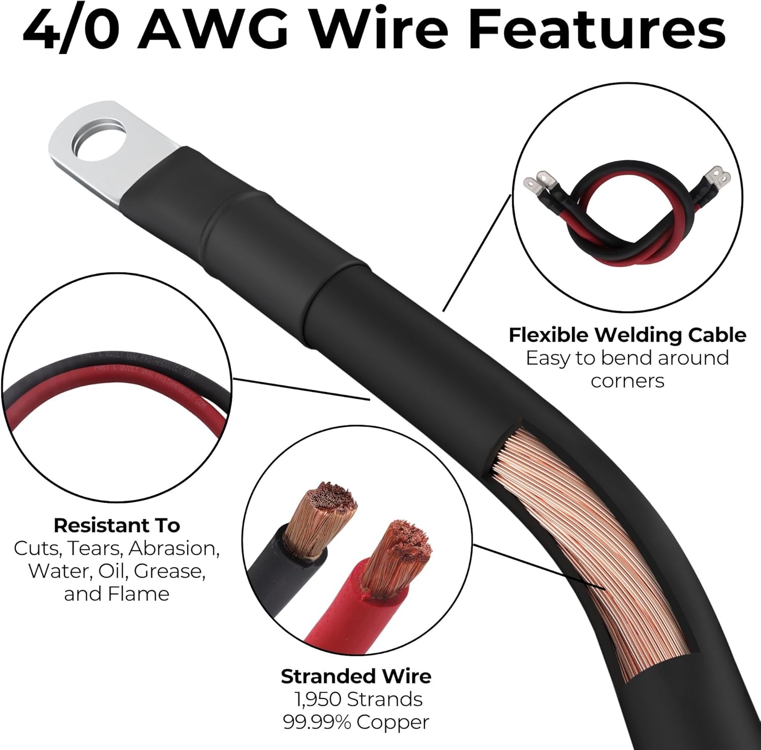 4/0 AWG Battery Cables with Terminals, Positive and Negative Wires Pure Copper, Solar Power Inverter, Welding, Golf Cart, Motorcycle (Red and Black, 1 FT (12 in), 5/16" Lugs on Both Ends, 2pcs)