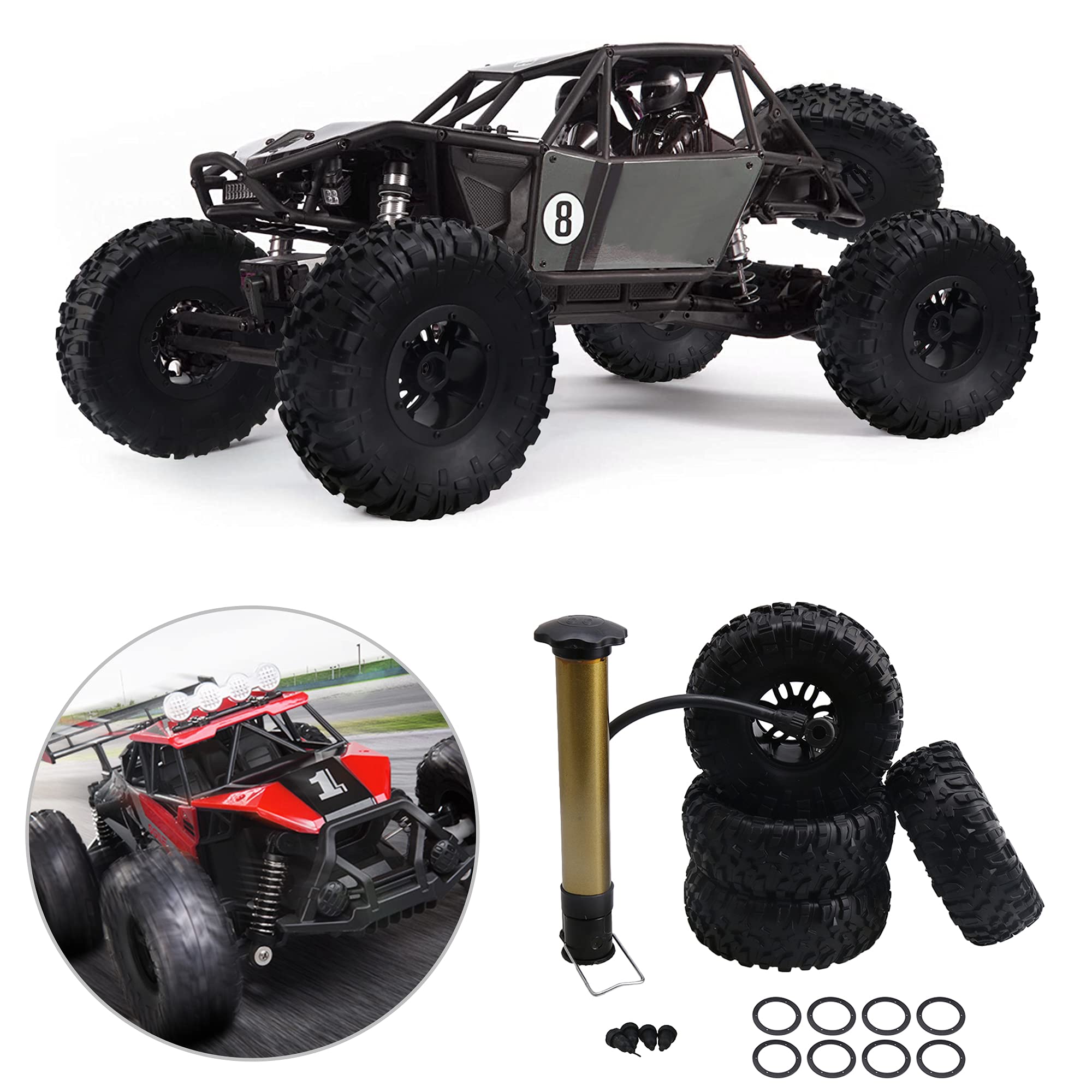 Mxfans 4PCS 2.2 Inch Black S Style Inflatable Tires W/Alloy Beadlock Plastic 6-Spoke Wheel Rim for RC1:10 Largefoot Rock Crawler Car