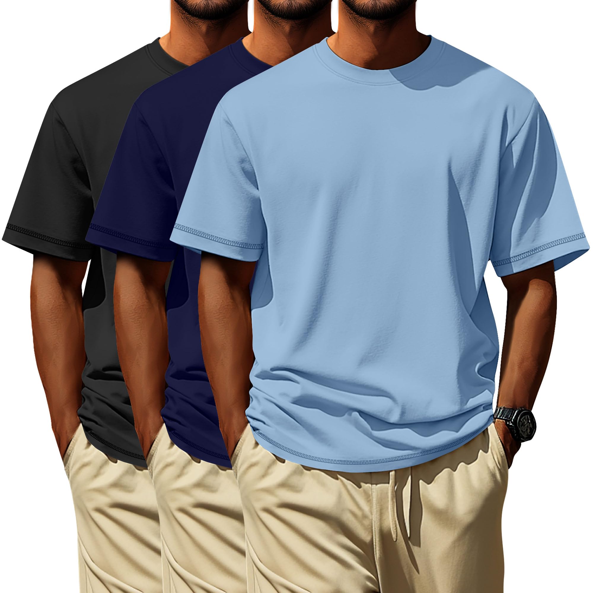 Neer Paquete de 3 Camisetas para Hombre de Tallas Grandes (L-7XL) Manga Corta Cuello Redondo Camisetas básicas de Verano