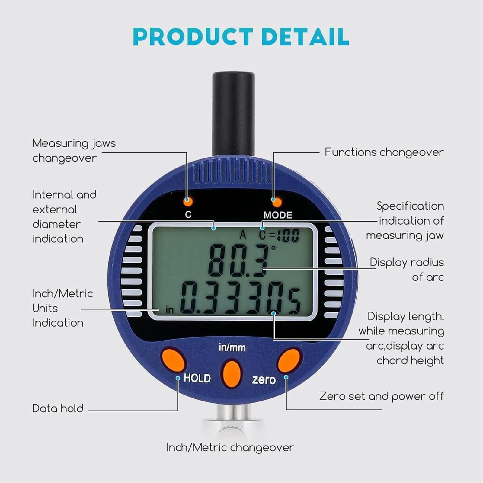 Medidor de radio digital, herramienta de medición de alta precisión con pantalla, desplazamiento de longitud 0-13 mm, rango de radio 5-9999,9 mm, conmutación de 2 modos, 5 mandíbulas de medición