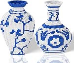 Ensemble de blocs de micro-bâtiments Vase, bleu & Blocs de style en céramique blanche 6400PCS (2 Ensembles), Pas de Compatible pour Lego, 7 * 7 * 11″ Kit Creative Flower Building pour décoration maison, STEM Cadeau d'anniversaire pour adultes