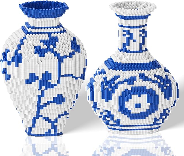 Ensemble de blocs de micro-bâtiments Vase, bleu & Blocs de style en céramique blanche 6400PCS (2 Ensembles), Pas de Compatible pour Lego, 7 * 7 * 11″ Kit Creative Flower Building pour décoration maison, STEM Cadeau d'anniversaire pour adultes