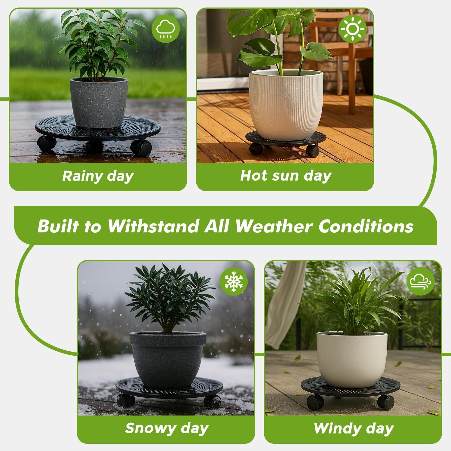 Planterhoma 2 Packs 13.5 Inch Rolling Plant Stand with Wheels Metal Plant Caddy with Wheels Heavy Duty Plant Rollers with Metal Wheels Round Wrought Iron Plant Stand with Tropical Leaf