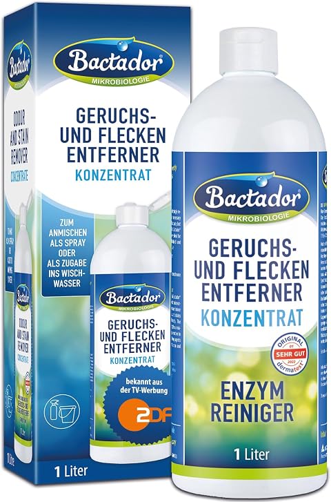 Bactador Enzymreiniger Konzentrat 1L - Geruchsentferner & Fleckenentferner - Mikrobiologischer Geruchsneutralisierer - Hundeurin / Katzenurin Entferner - Porentiefe Reinigung - Ergibt bis zu 50 Liter