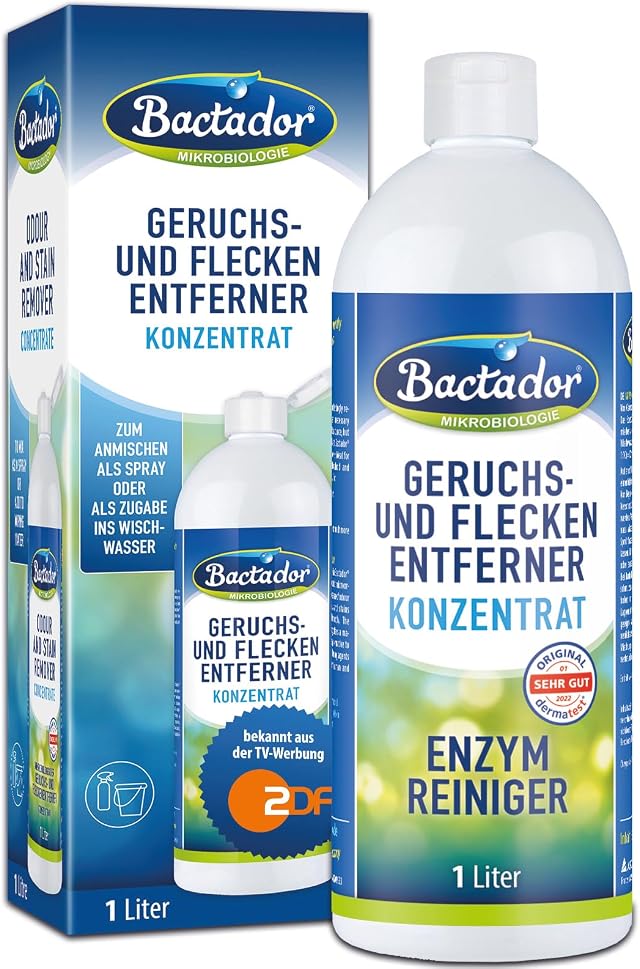 Bactador Enzymreiniger Konzentrat 1L - Geruchsentferner & Fleckenentferner - Mikrobiologischer Geruchsneutralisierer - Hundeurin / Katzenurin Entferner - Porentiefe Reinigung - Ergibt bis zu 50 Liter