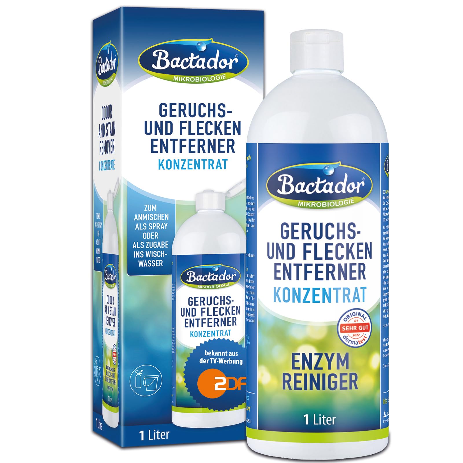 Bactador Enzymreiniger Konzentrat 1L - Geruchsentferner & Fleckenentferner - Mikrobiologischer Geruchsneutralisierer - Hundeurin / Katzenurin Entferner - Porentiefe Reinigung - Ergibt bis zu 50 Liter