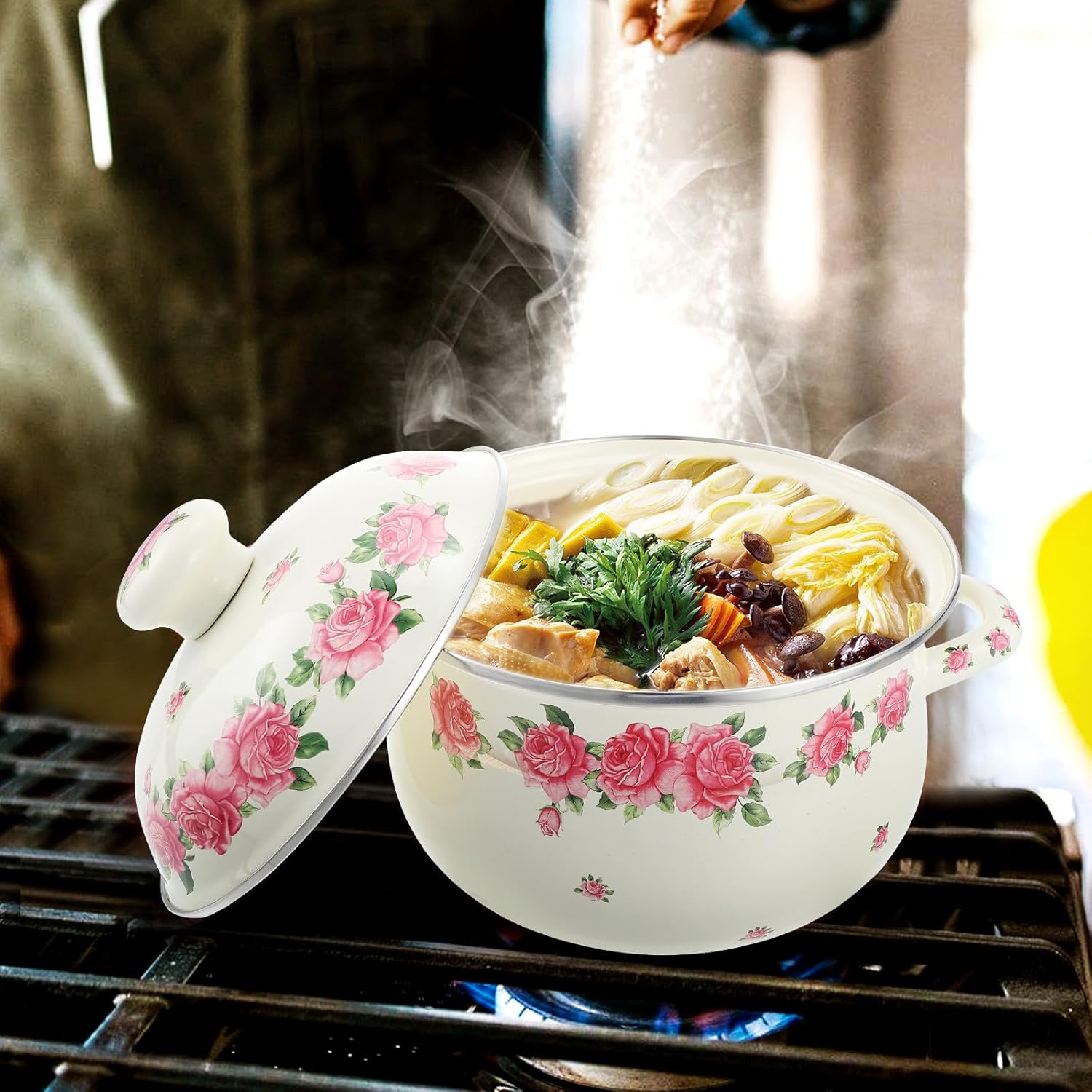 NUOBESTY Enamel Stockpot Double Handle 20cm Pink Rose Pattern Nonstick Thickened Soup Pot Heat-resistant Stew Pot for Stove Top Cooking