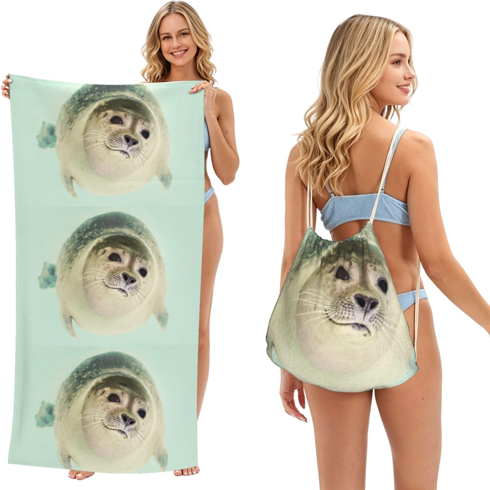 Poadnly As Picture Underwater Seal, 2 In 1 Packable Towel Bag, Beach Towels With Drawstring Backpack For Travel Holiday Camping