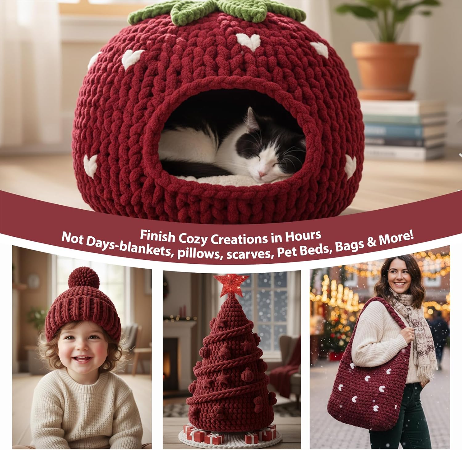 Chunky Chenille Yarn for Hand Knitting, Bulky Thick Fluffy Yarn for Crocheting, Soft Plush Blanket Scarf DIY Glow in The Dark Yarn, 8 Jumbo Pack (220 yds 64 oz), Burgundy