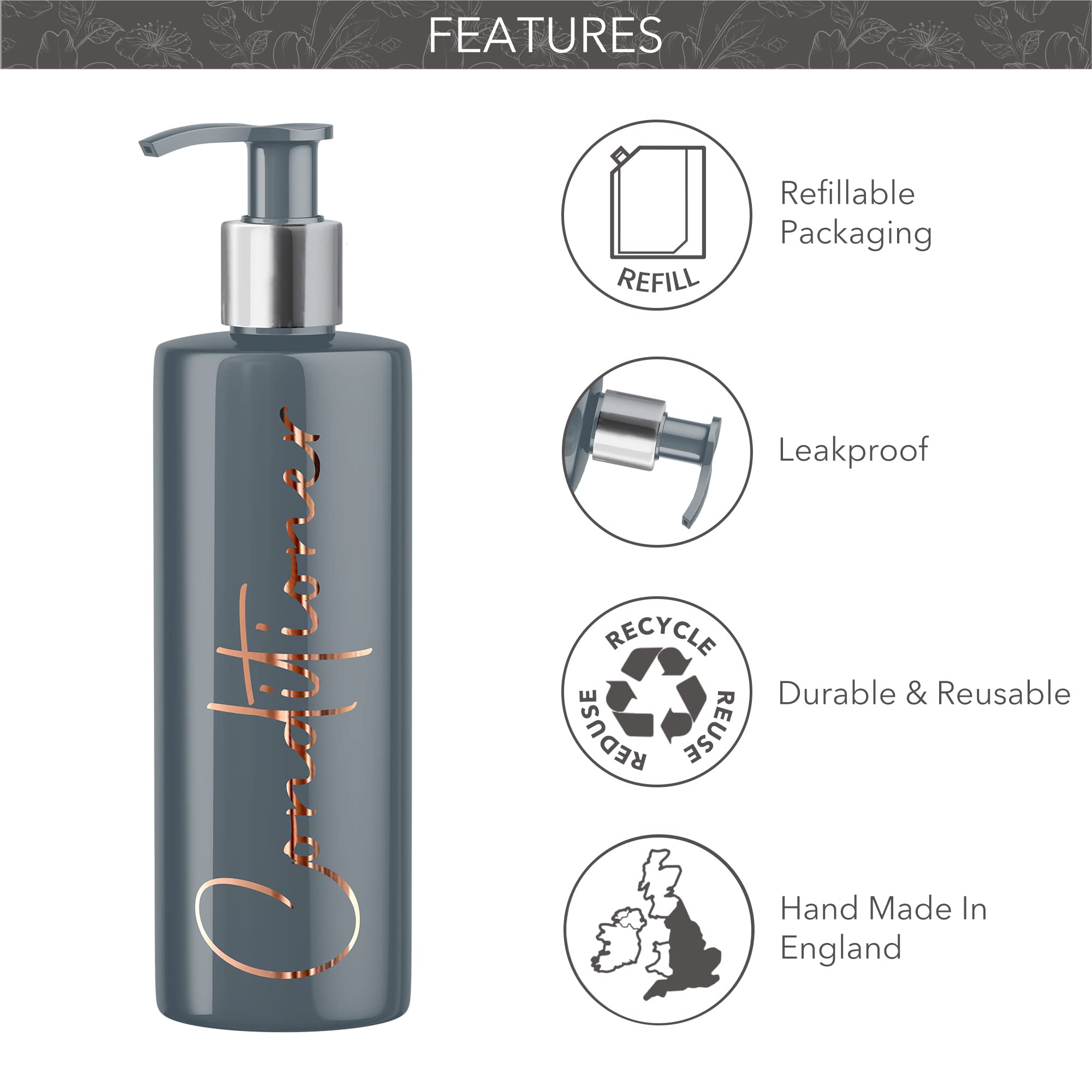Print Maniacs Grey Mrs Hinch Inspired Personalised 500ml Pump Bottles Bathroom Lotion Kitchen Set Shampoo Conditioner Body Wash F2 (Copper - Image 4