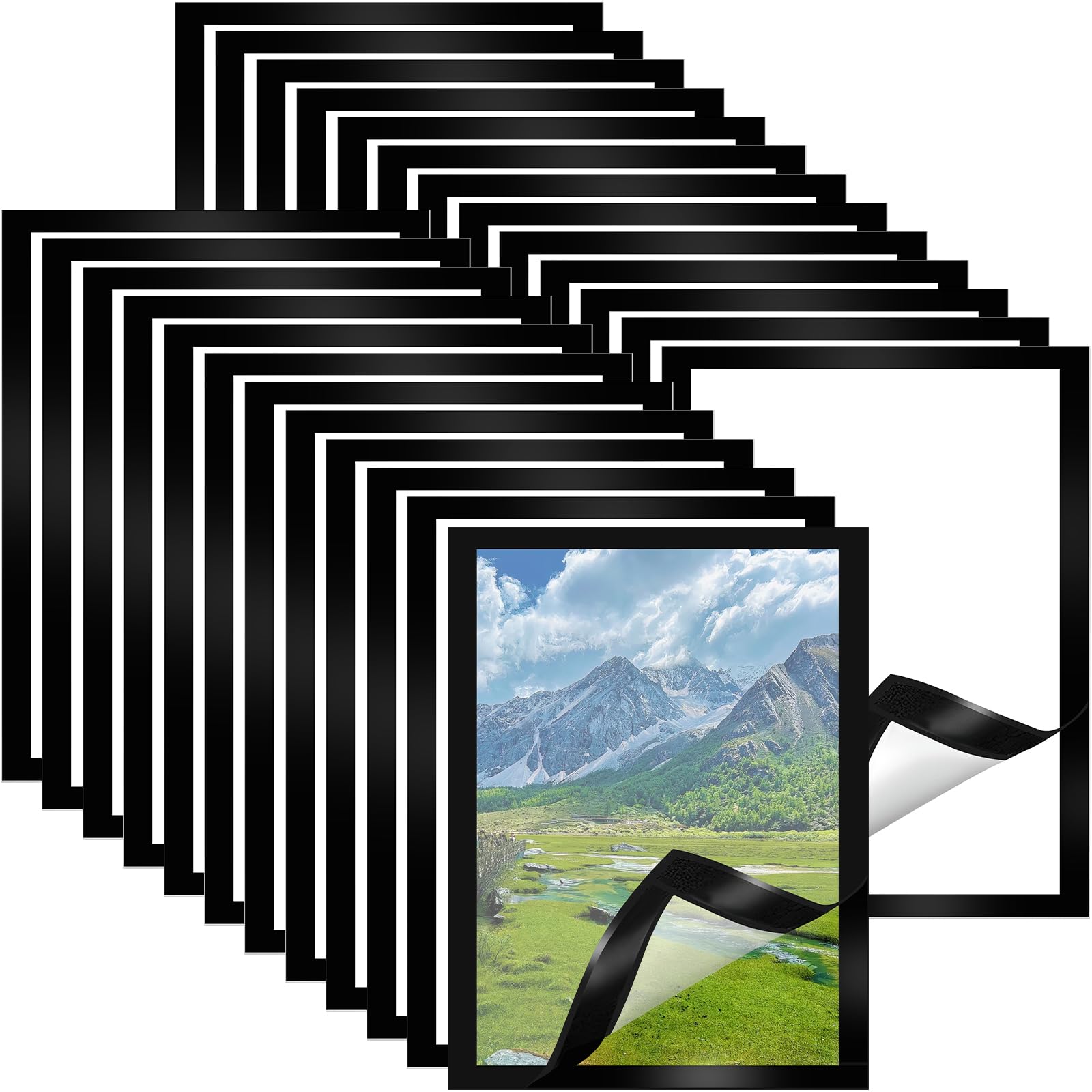 Hlimior 25 Pack A4 Magnetic Photo Frames Self Adhesive, Quick Change Picture Frames for Wall & Window, Waterproof Magnetic Sign Holder for Kids Art, Certificates, Menus & Notices (Black)