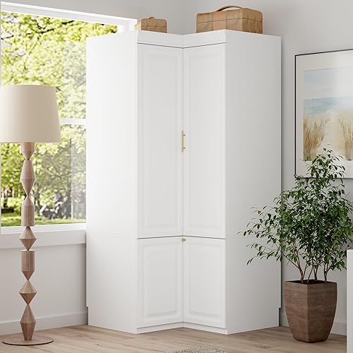 AIEGLE Armario esquinero con cajones, armario de abrigo blanco con puertas, armario alto moderno con barra para colgar para dormitorio, Blanco -