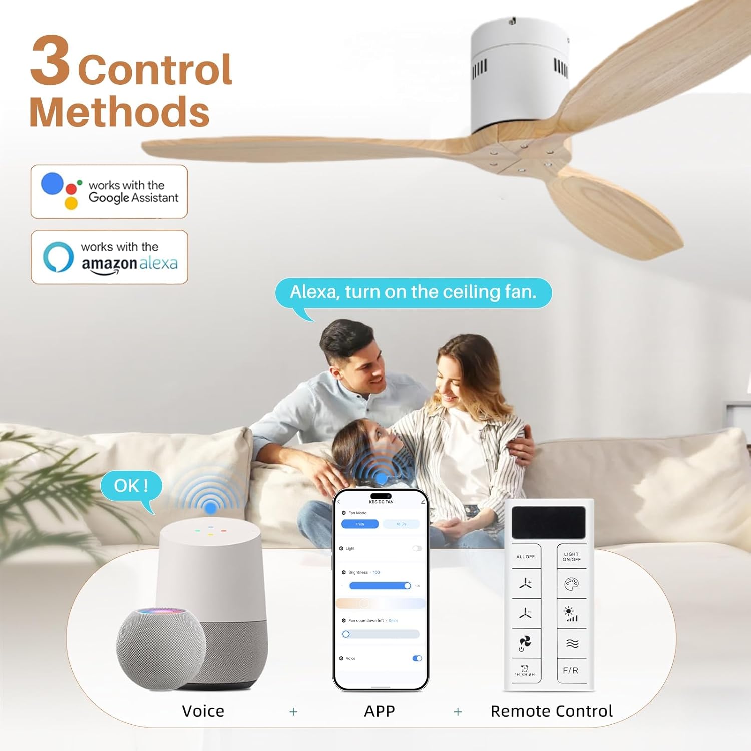 Sofucor 52 Inch Smart Ceiling Fan Without Light Flush Mount Solid Wood Ceiling Fan with Alexa/Google/APP/Remote Control-Modern Outdoor Ceiling Fans No Light for Bedroom/Patio/Indoor,Natural Wood&White