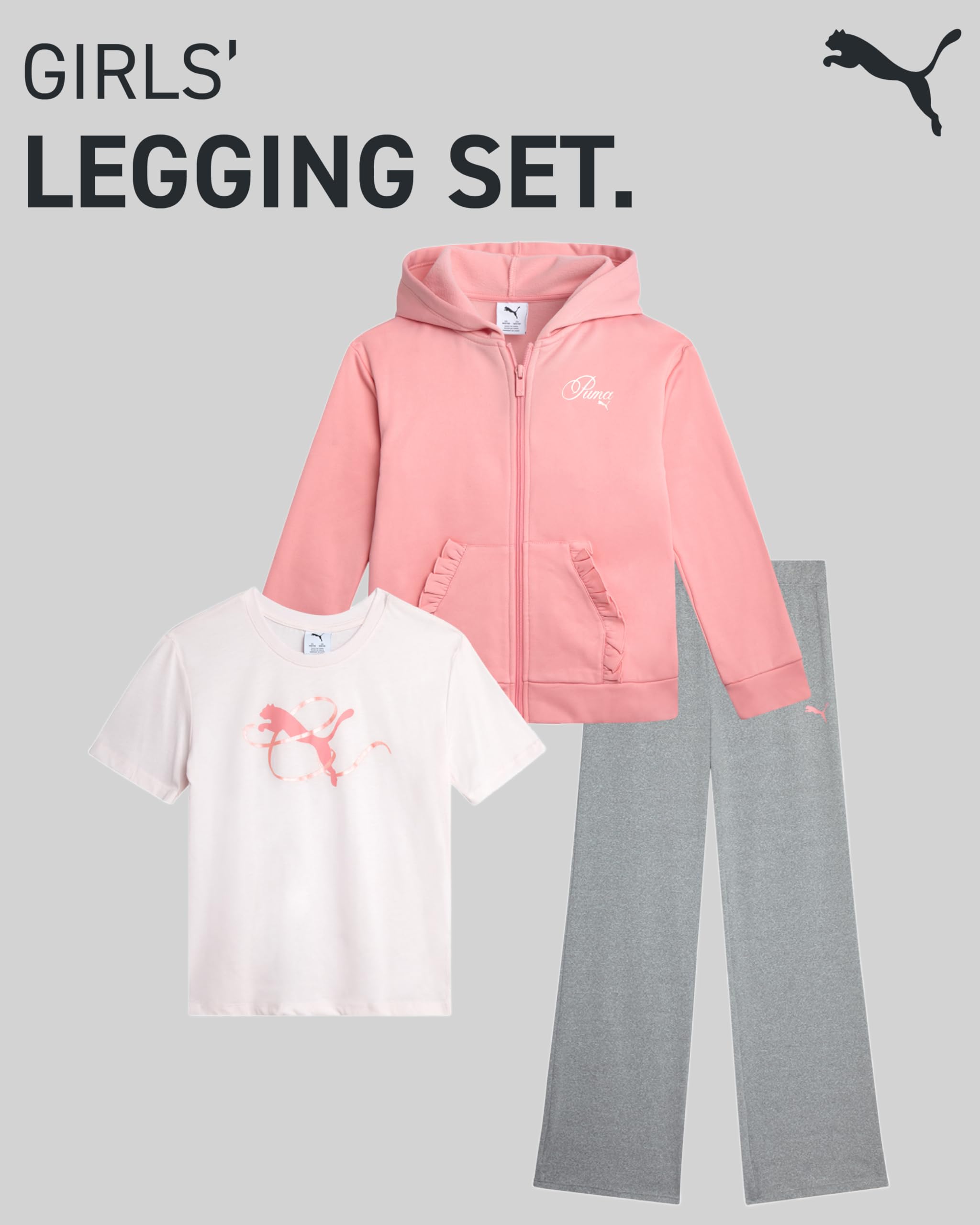 PUMA Aktives Mädchen-Legging-Set – 3-teiliges athletisches T-Shirt, Reißverschluss, Fleece-Hoodie, Sweatshirt und Leggings für Mädchen (7–14)