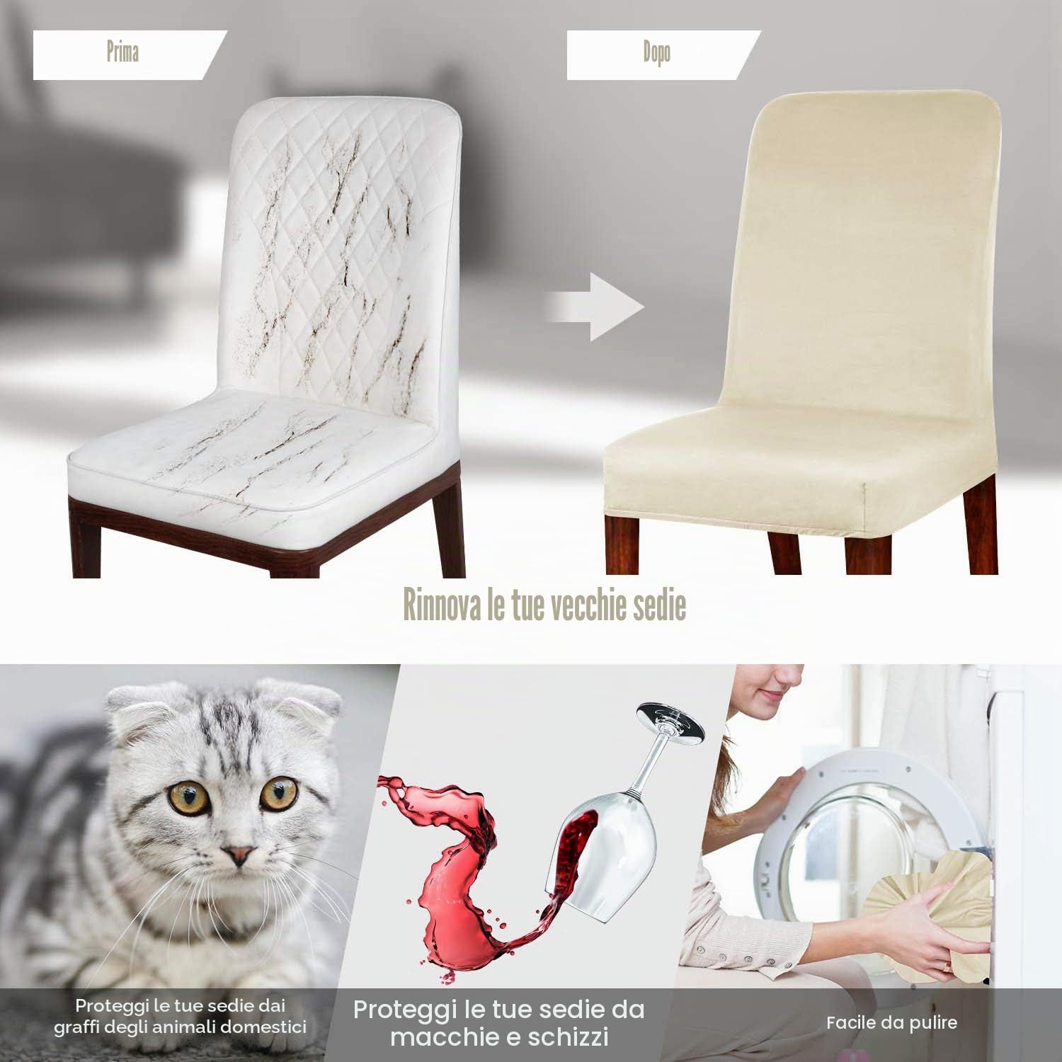 Coprisedie con Schienale Sala da Pranzo Elasticizzato Fodere Sedie Moderno Copertura Protettiva della Sedia Lavabile Rimovibile per Hotel Ristorante Festa di Nozze 4 Pezzi (Crema)