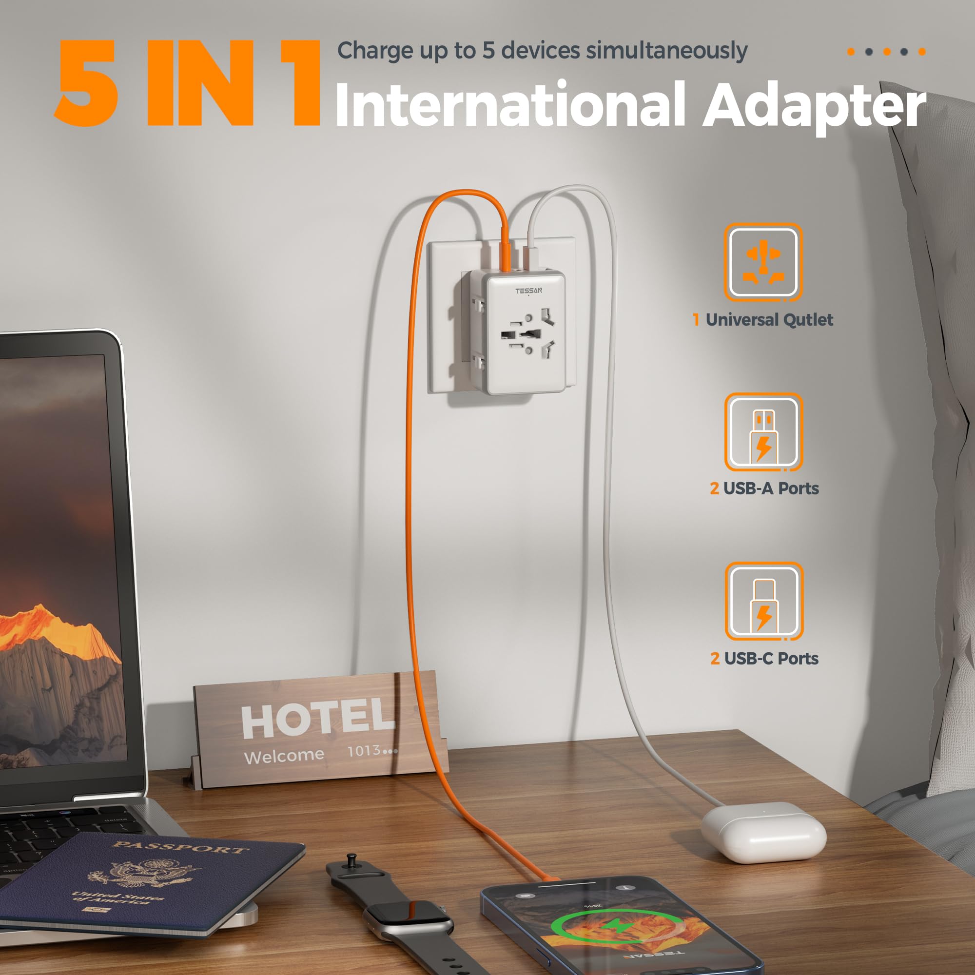 TESSAN Universal Travel Adapter with 2 USB C and 2 USB A, International Travel Plug UK to World, Worldwide Essentials Plug Adaptor for Multi Countries EU, USA, UK, AUS, Japan, Thailand, Vietnam — view 2