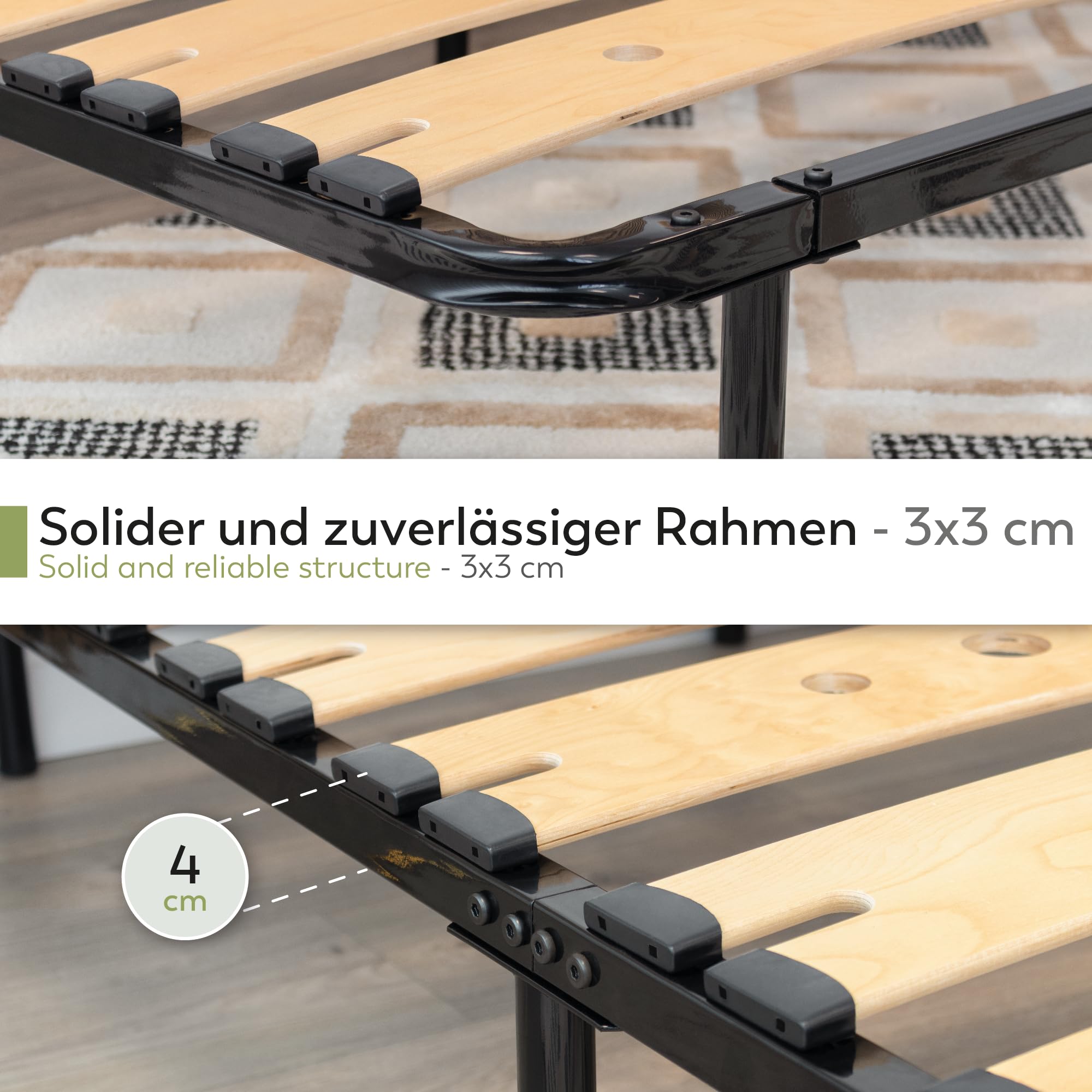 i-flair Metallbett Austen 140x200 cm – stabiles Bettgestell mit perforierten Latten aus Birkenholz für optimale Belüftung, Gästebett aus Metall mit 27 cm Stauraum, Doppelbett in schwarz