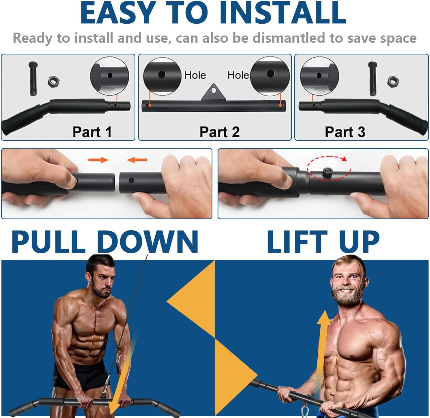 LAT Pulldown Bar Attachment for Pulley Cable Machine, Tricep Press Down Bar Low Row Functional Trainer Accessories with Rubber Handle for Home Gym Muscle Building Strength Workout