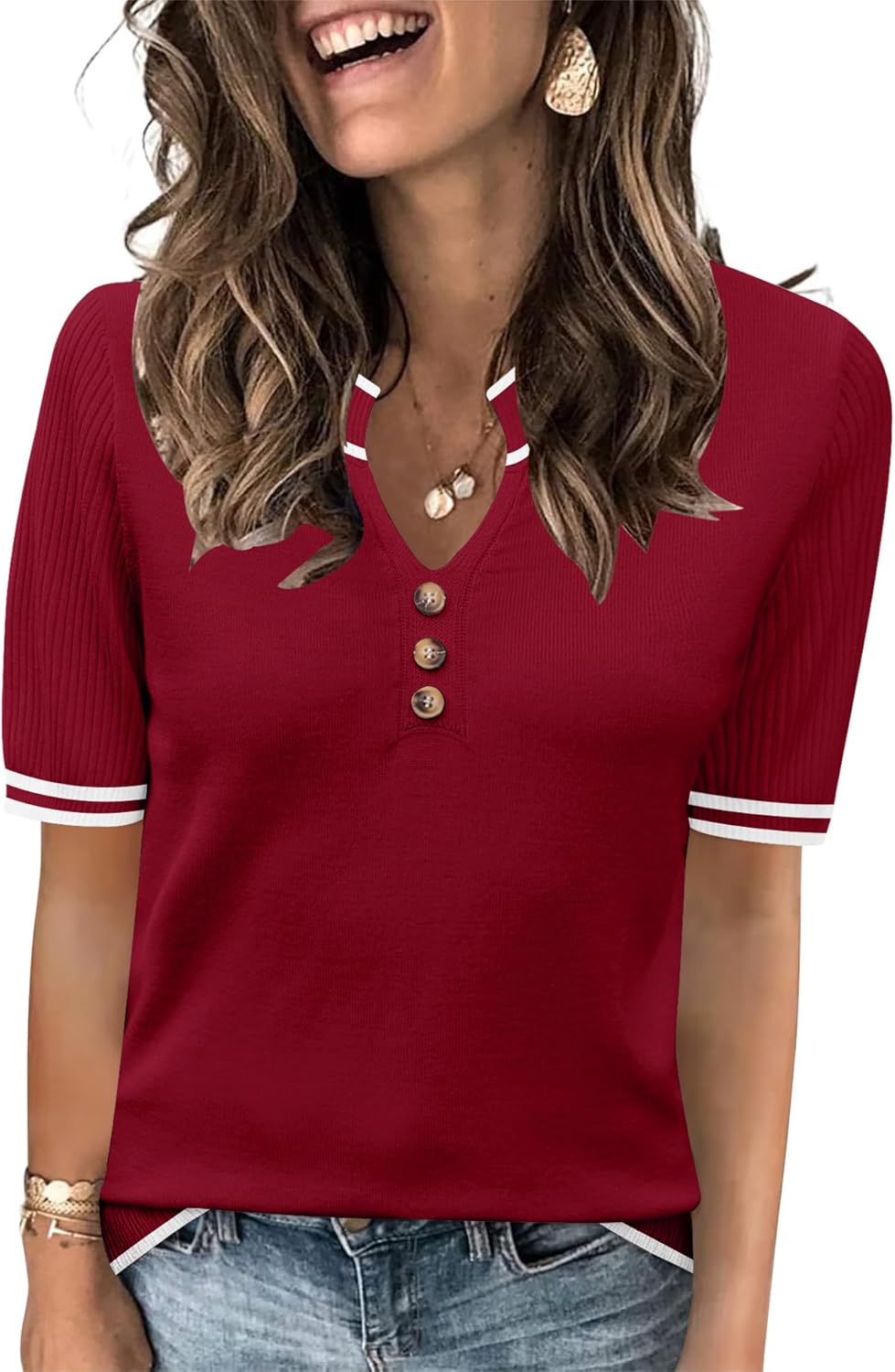 LOMON Women Short Sleeve Sweater 2026 Spring Summer Trendy Tops V Neck Dressy Casual Work Pullover Sweaters