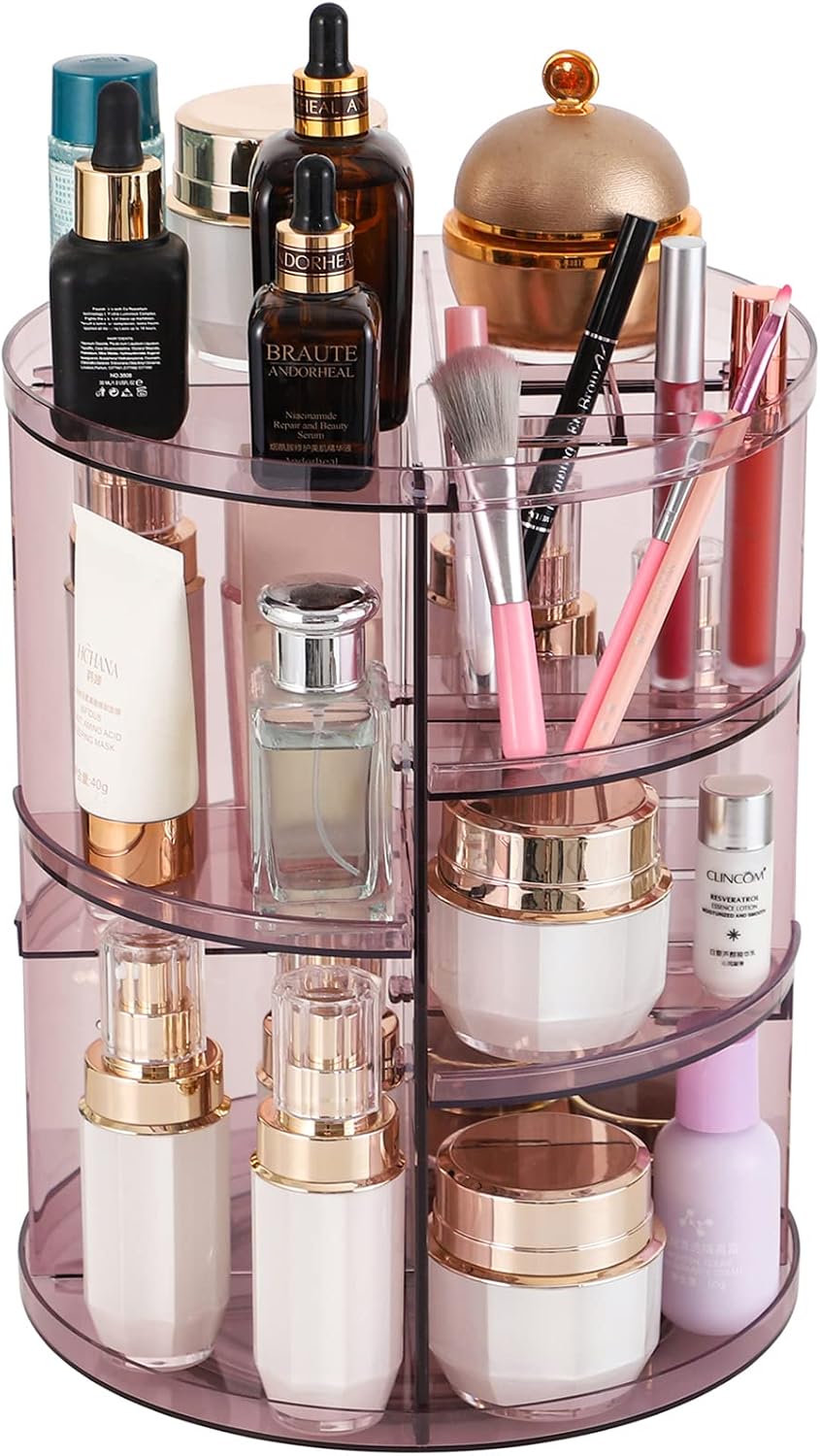 Makeup Organizer, 360 Degree Rotating Adjustable Cosmetic Storage Display Case with 4 Tier Adjustable Large Capacity,Fits Jewelry,Makeup Brushes,Lipsticks and More,Purple Transparent