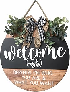 Welcome Door Sign Rustic Home Decor for Front Door Porch Decor Farmhouse Wreath Wall Decor with Eucalyptus Wreath & Buffalo Bow Seasonal Wooden Front Door Wreaths for Home Wall Decor
