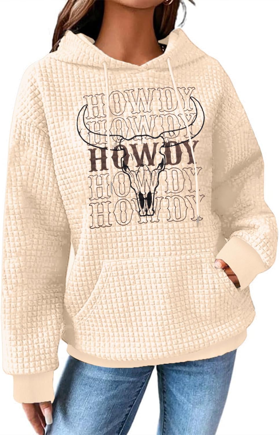 SUPEYA Western Sweatshirts for Women Cow Skull Western Hoodies Cowgirl Country Concert Outfits Waffle Knit Howdy Pullover Top