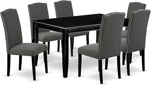 Miniatura 15 de East West Furniture DUEN7-BLK-69 - Juego de mesa de comedor de 7 piezas consta de una mesa de cocina rectangular y 6 sillas de comedor Parson de