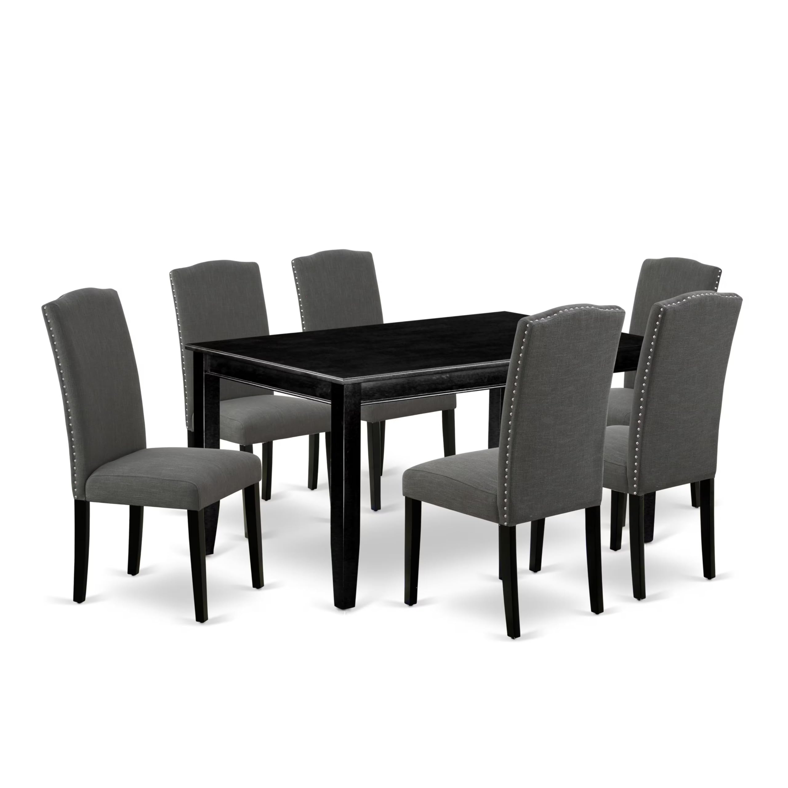 East West Furniture DUEN7-BLK-20 7 Piece Modern Dining Table Set Consist of a Rectangle Wooden Table and 6 Dark Gotham Linen Fabric Upholstered Chairs