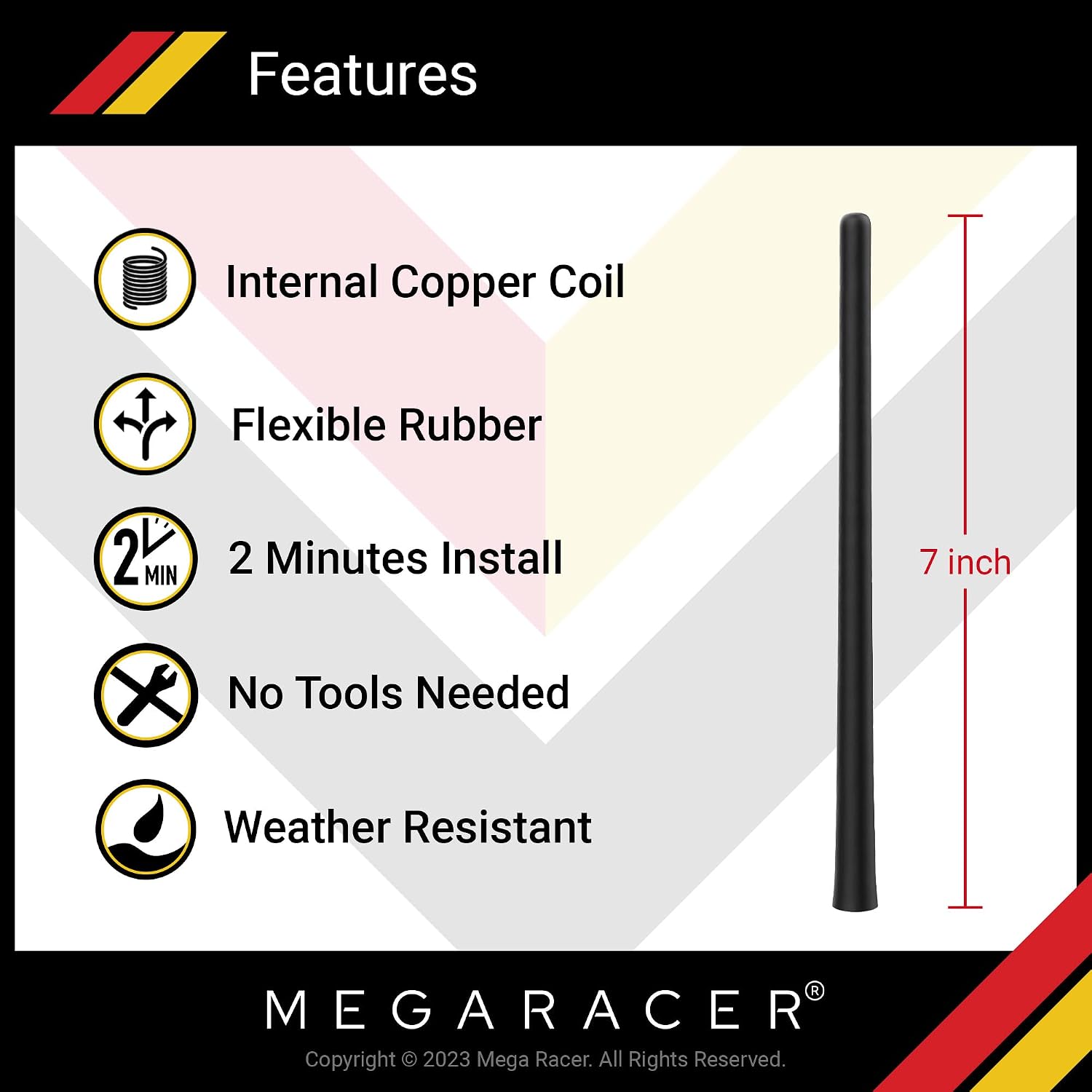 Mega Racer Flexible Car Antenna - 7 Inch Rubber Antenna Replacement, AM/FM Radio Compatible and Car Wash Proof, Screw Type, Internal Copper Coil and Stainless Steel Threading, Universal Fit (1 Piece)