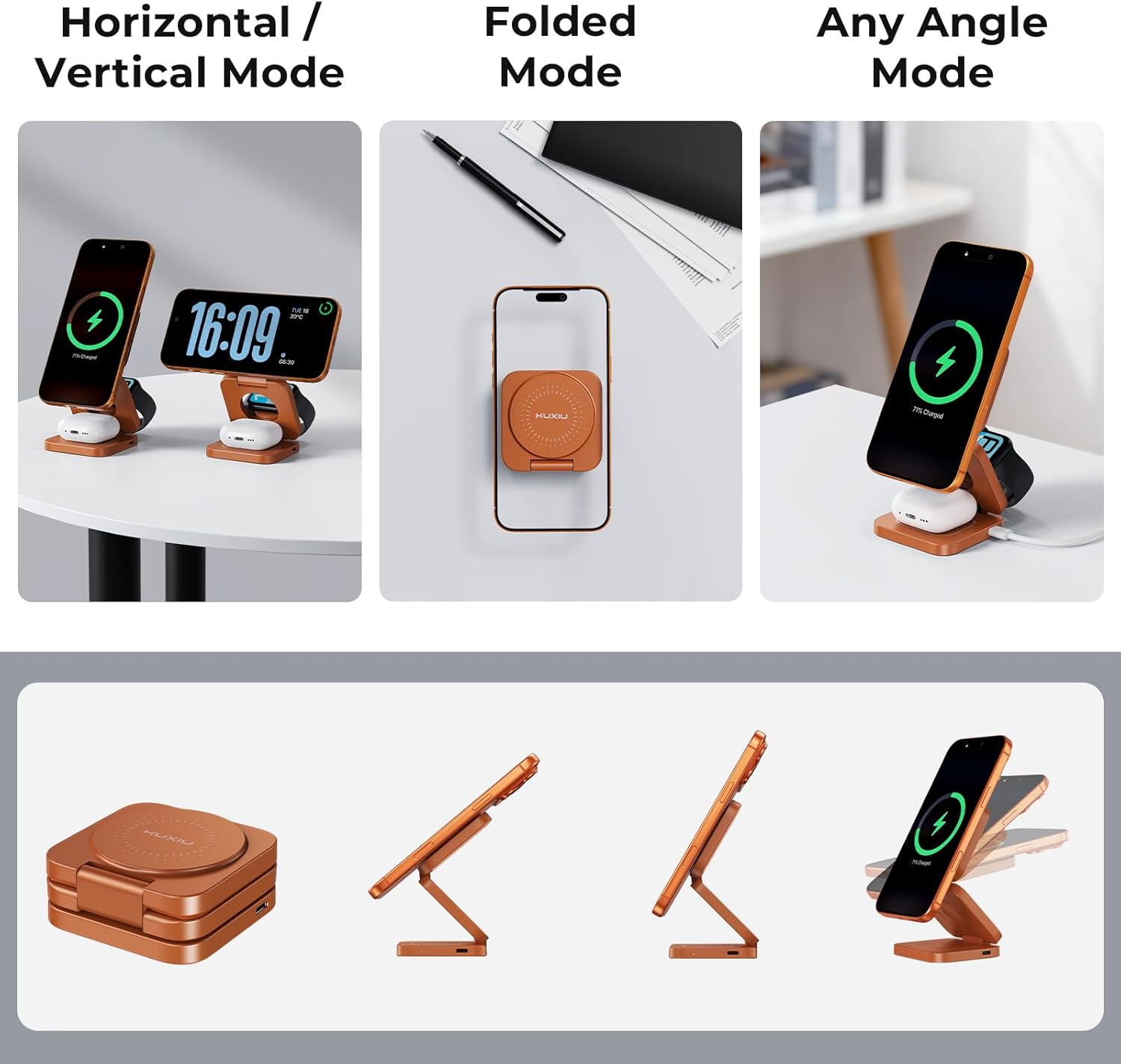 KU XIU Qi2.2 25W 3-in-1 Charging Station for Apple Device, Foldable Magnetic Charger for iPhone 17/16, 5W for Apple Watch & AirPods, Fast Travel Wireless Charging Stand with 45W Adapter