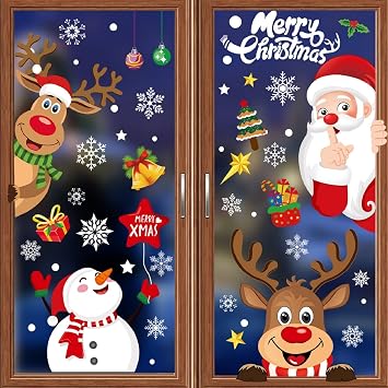 Christmas Window Cling Stickers, 256pcs Reusable Santa Claus Christmas Window Decals for Xmas Decorations Double Side Christmas Snowflake Window Clings for Home Office