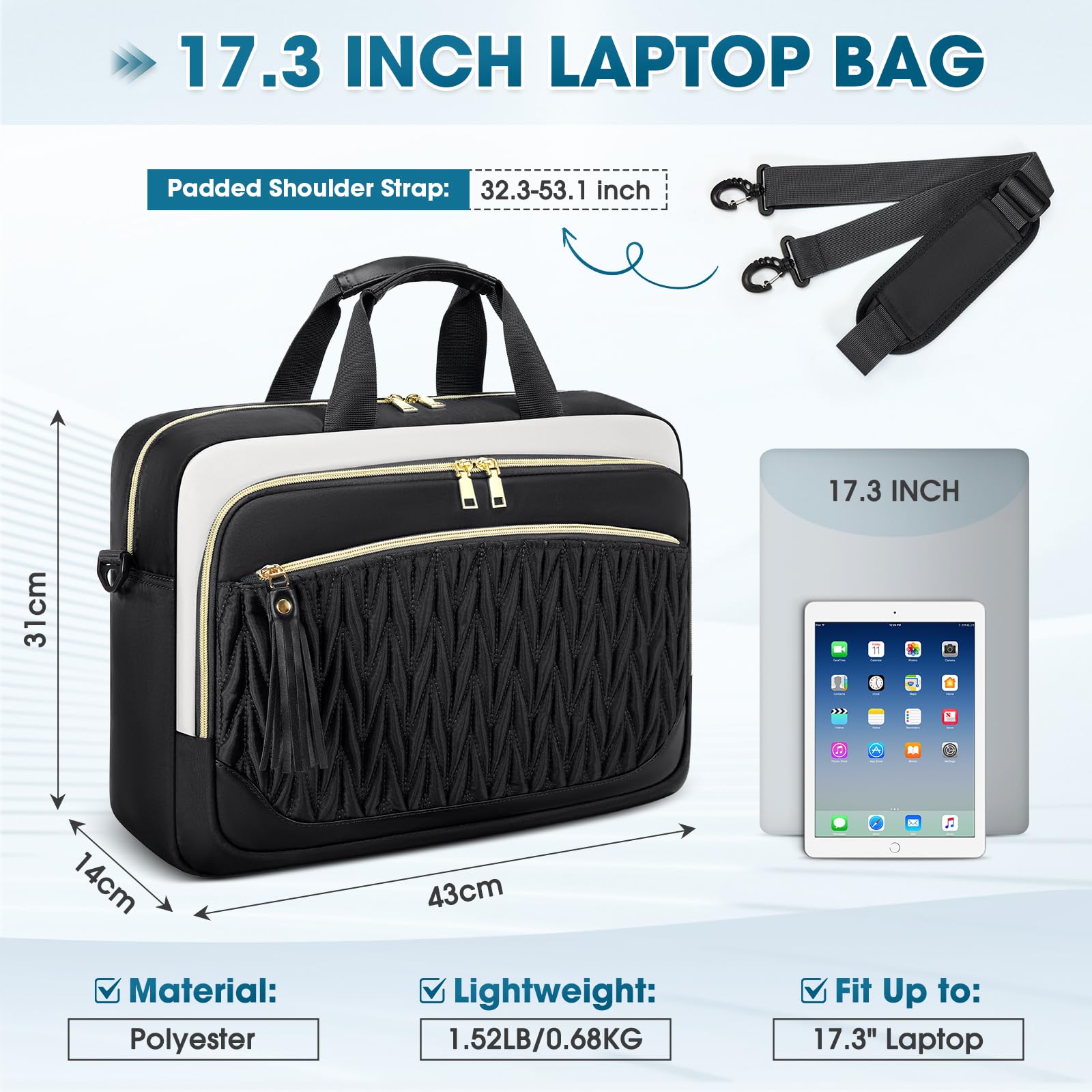 RAINSMORE Sac Ordinateur Femme Grand Sacoche Ordinateur 17.3 Pouces Imperméable Sac de Travail Sac Pc Portable Housse Mallette Bandoulière