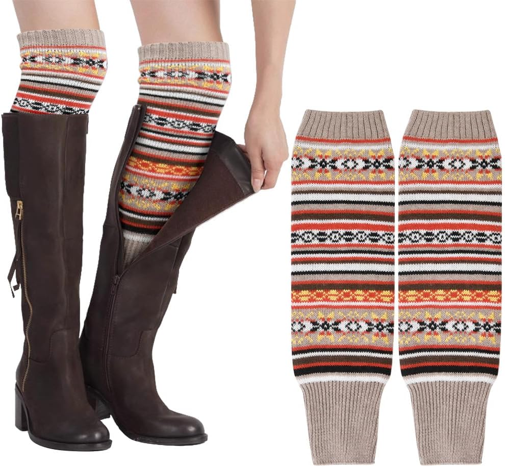 Ladies’ Knitted Leg Warmers, 1Pcs Bohemian Leg Warmers for Womens, Wool Winter Long Leg Warmers, Striped Ethnic Knitting Footless Leg Warmers, Knee High Knitted Boot Socks for Women Girls