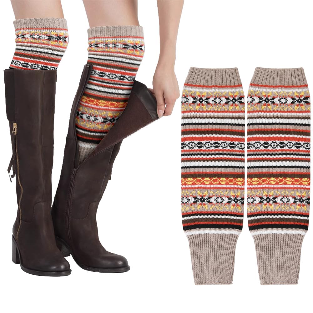 Ladies’ Knitted Leg Warmers, 1Pcs Bohemian Leg Warmers for Womens, Wool Winter Long Leg Warmers, Striped Ethnic Knitting Footless Leg Warmers, Knee High Knitted Boot Socks for Women Girls