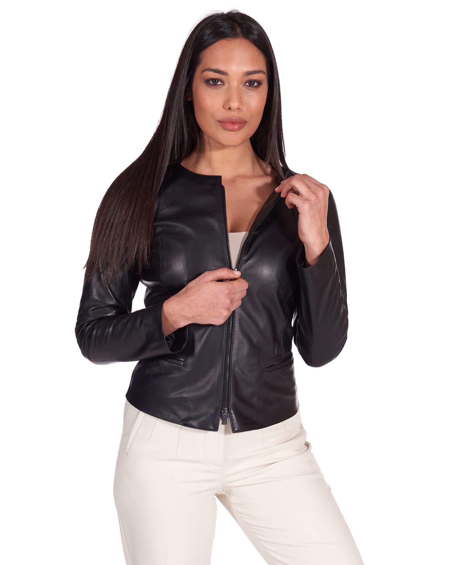 D'Arienzo Giacca in Pelle Donna Nera Primaverile Vera Pelle Giacca Made in Italy Clear