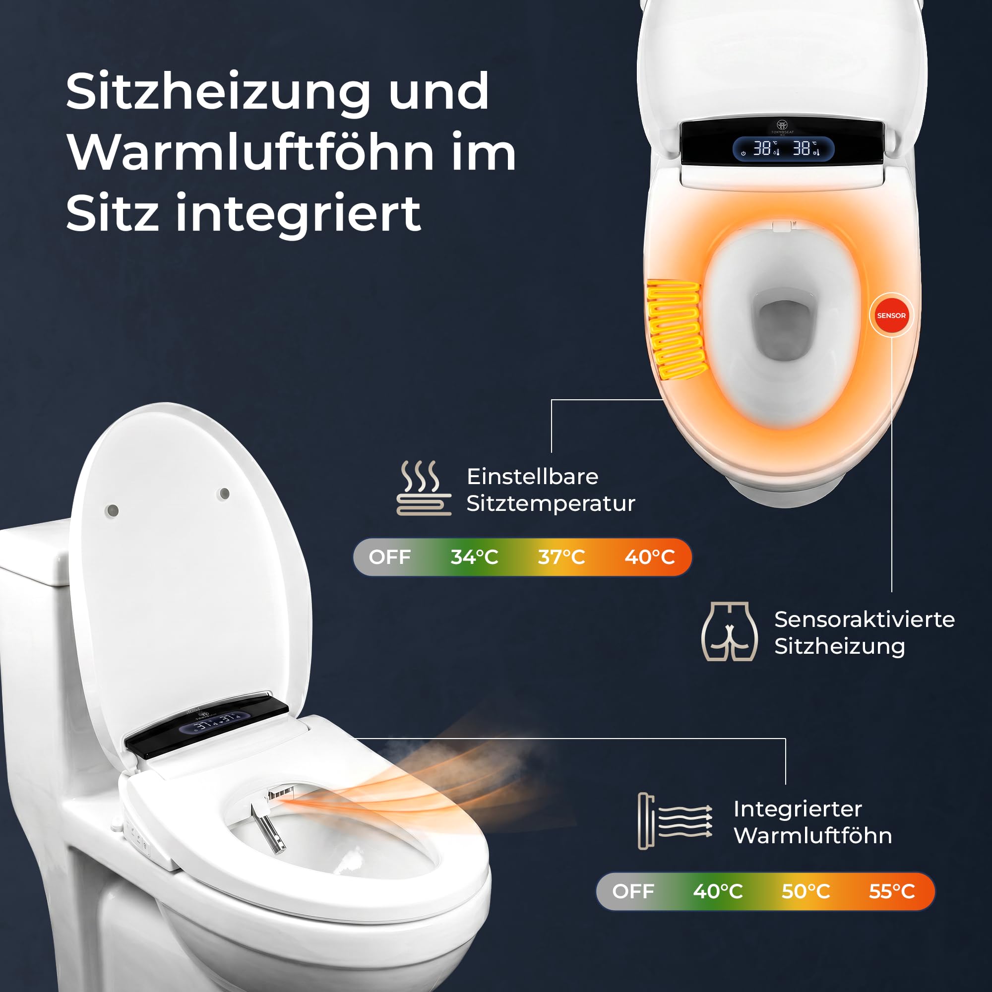 Dusch WC Aufsatz, Japanische Toilette, Bidet Toilettensitz, Bidet Toilet Seat, WC mit Duschfunktion, Beheizbarer Toilettensitz, mit Warmem Wasser und Trocknung