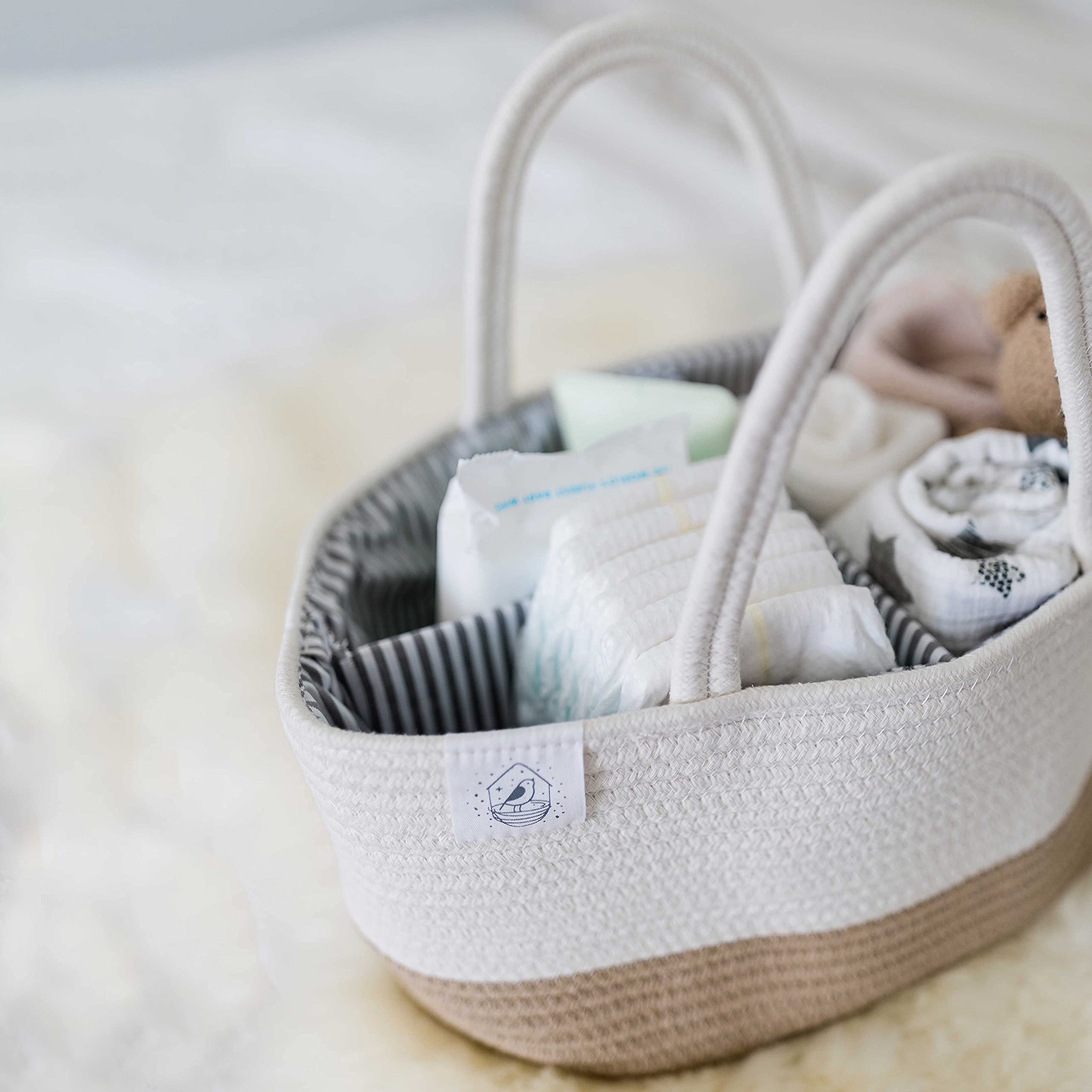 OrganiHaus Panier Rangement en Corde pour Bébé - Organiseur à Couches, Articles de Puériculture et Cadeaux Nouveau-Nés, avec Poignées - Miel/Blanc