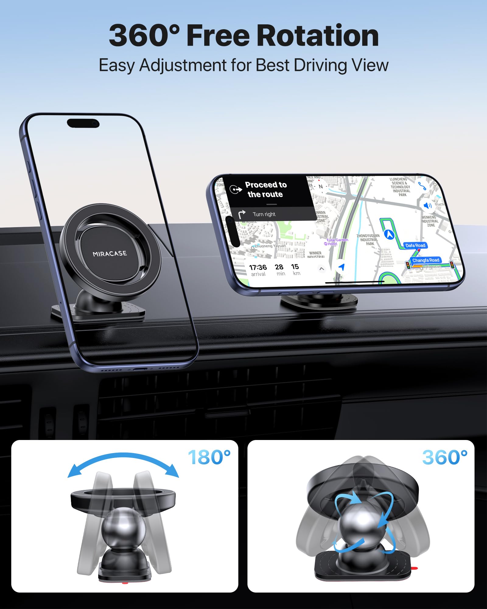 Miracase Latest Upgrade for MagSafe Car Mount [33+LBS Strong Suction & 2200gf Magnetic] Small Phone Holders for Your Car Dashboard, 360° Adjustable Car Phone Holder Mount for iPhone Garmin GPS view 8