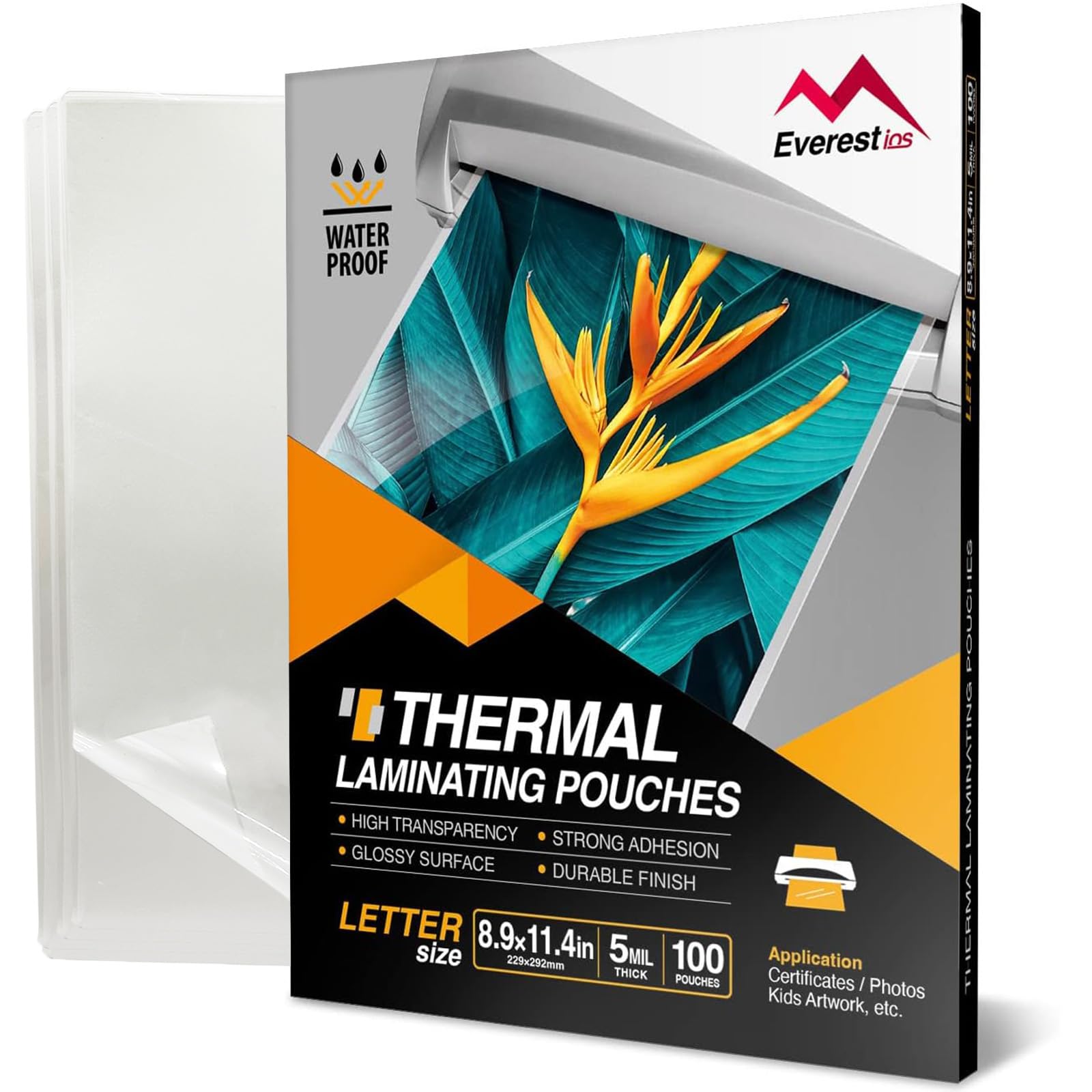 Everest Thermal Laminating Sheets, 8.9 x 11.4 Inches, 5 Mil Thick, 100 Pack, Non-Toxic Material and Adhesive, Letter Size Laminated Pouches for Documents, Clear (TH0500-02)