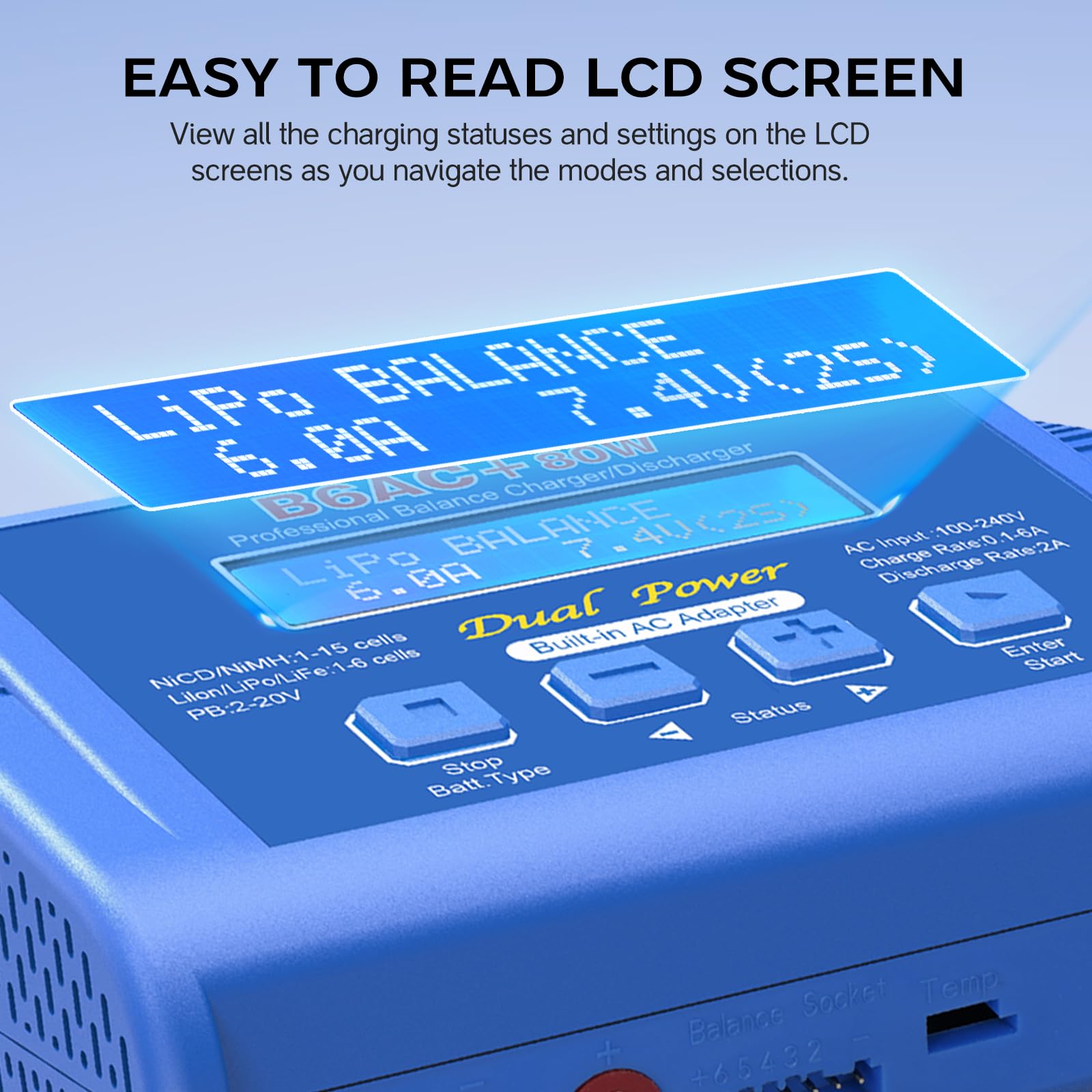 B6 Lipo ładowarka RC Balanced Fast Battery Charger 80 W 6A Smart Digital Battery Pack ładowarka do akumulatorów 1S-6S LiPo Life Li-Ion 1-15S NiCD NiMH PB Smart RC Car (niebieska)